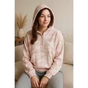 Cozy Tie-Dye Quarter Zip Hoodie Pink White Olive + Oak Size L